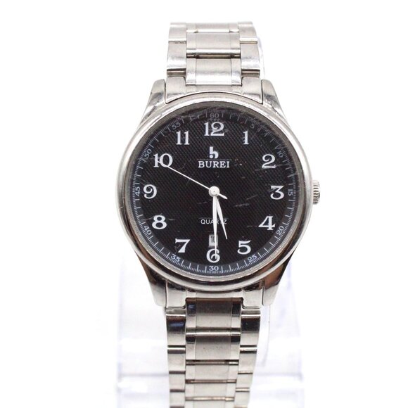 BUREI Watch Mens Silver Tone Stainless Steel Classic Black Date Dial Quartz - Picture 1 of 9